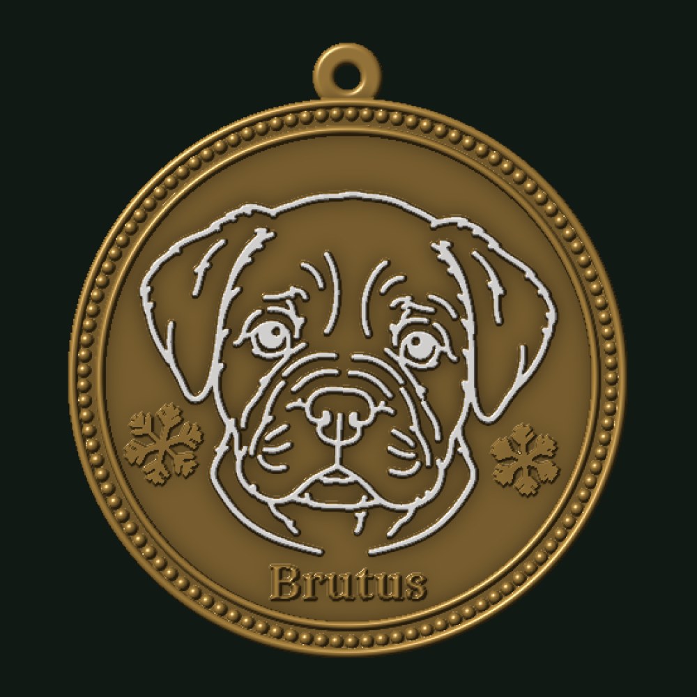 Gold ornament with a line portrait of Brutus, a puppy, and his name